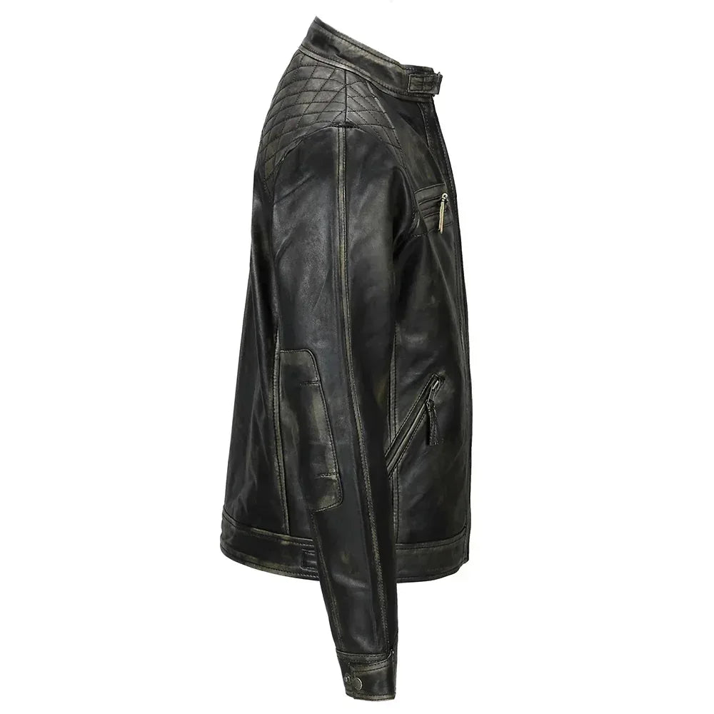 Mens Distressed Real Lambskin Black Leather Biker Jacket - USA Retro Hide