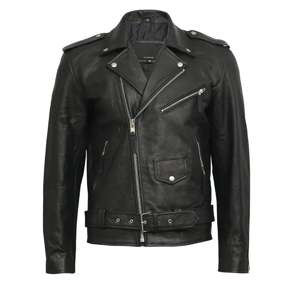 Negan Men's Black Asymmetrical Belted Biker Style Leather Jacket - USA Retro Hide