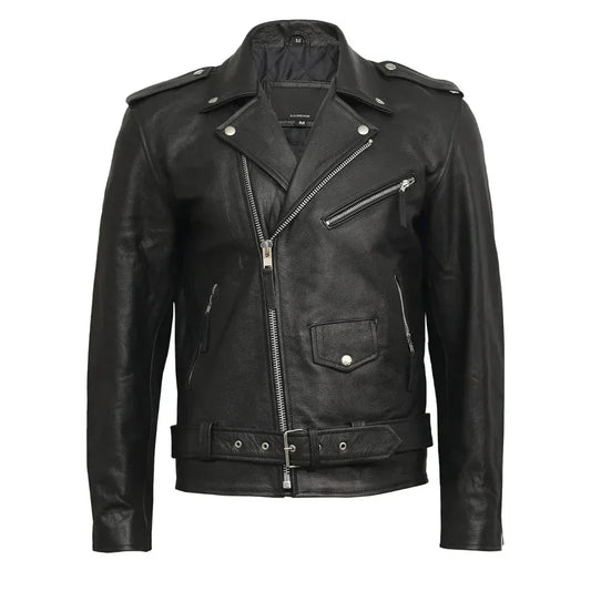 Negan Men's Black Asymmetrical Belted Biker Style Leather Jacket - USA Retro Hide