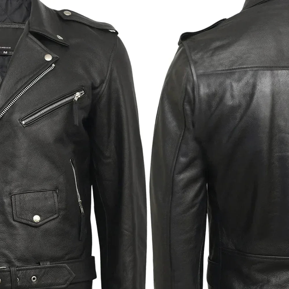 Negan Men's Black Asymmetrical Belted Biker Style Leather Jacket - USA Retro Hide