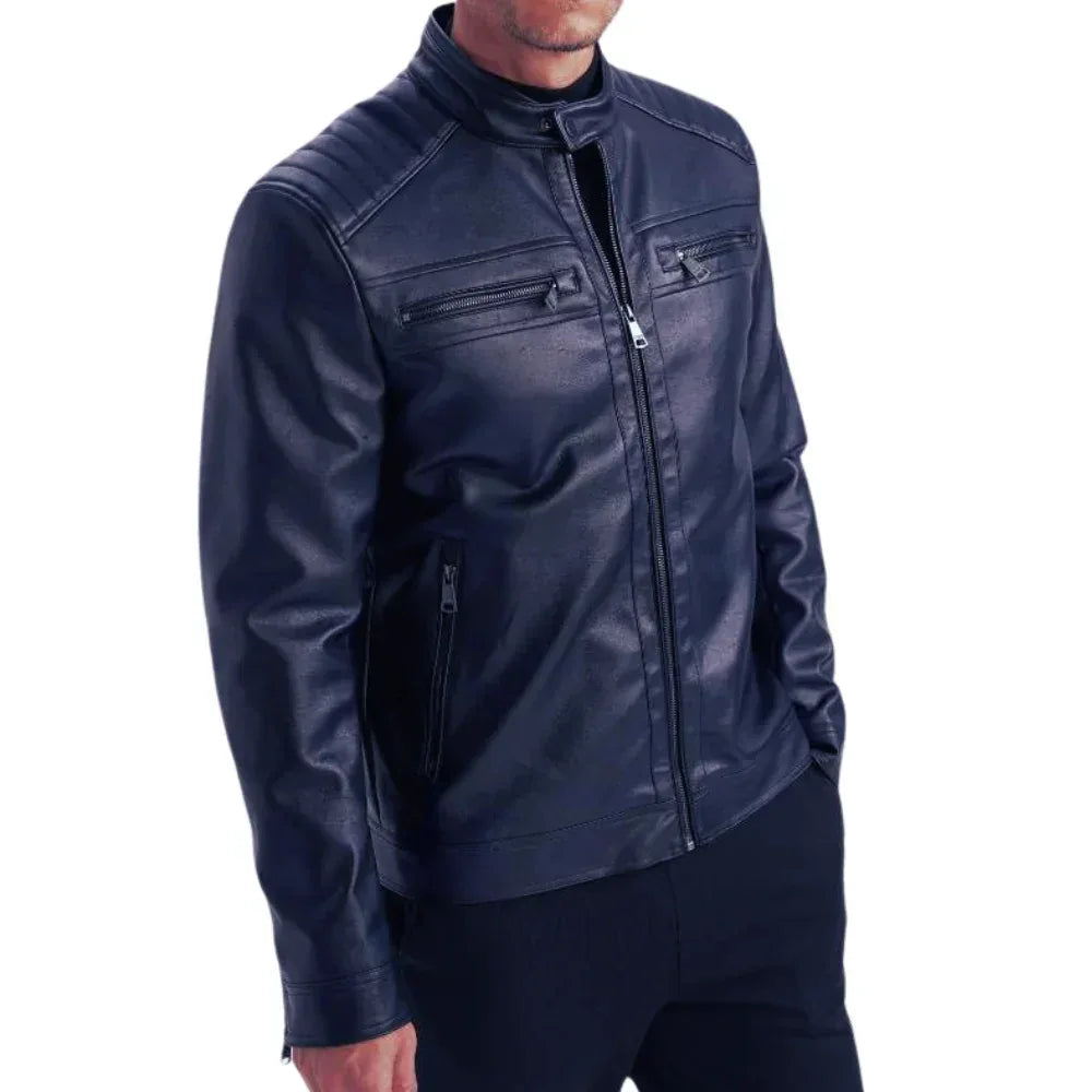 Mens Genuine Lambskin Blue Café Racer Leather Jacket - USA Retro Hide