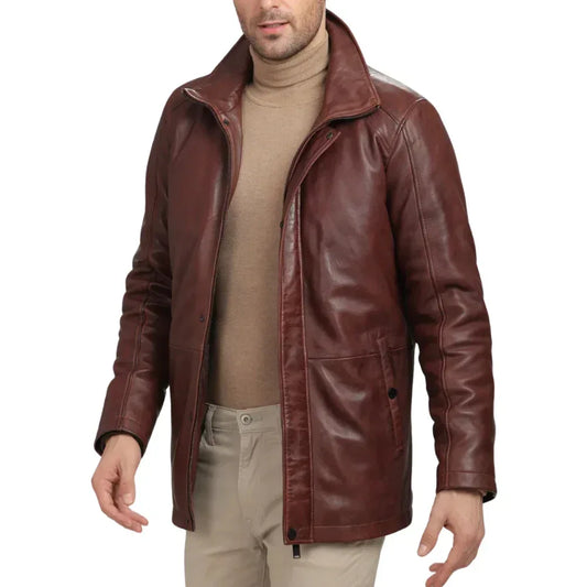 Men's Real Lambskin Leather Brown Car Coat - USA Retro Hide