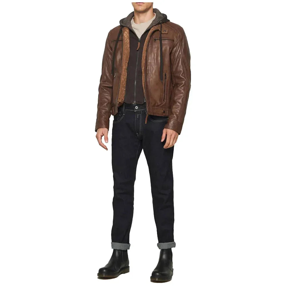 Men's Mocca Brown Leather Bomber Jacket with Removable Hood - USA Retro Hide