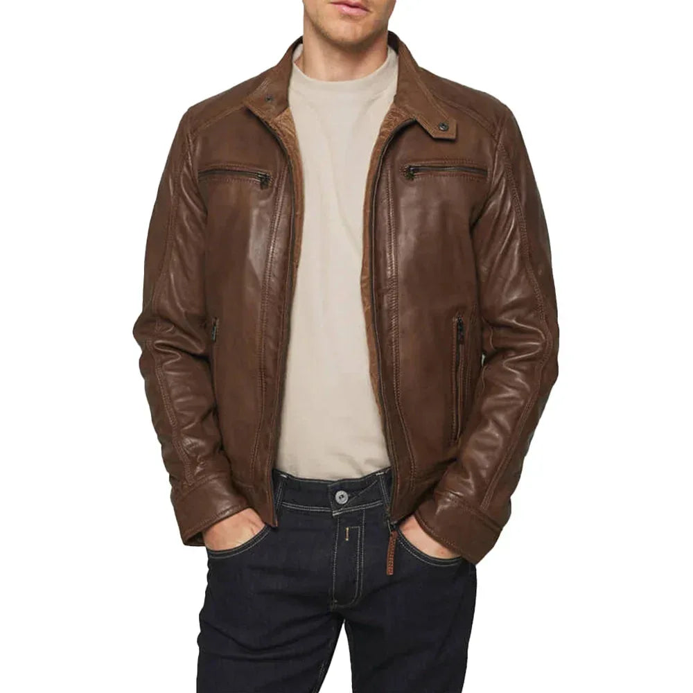 Men's Mocca Brown Leather Bomber Jacket with Removable Hood - USA Retro Hide