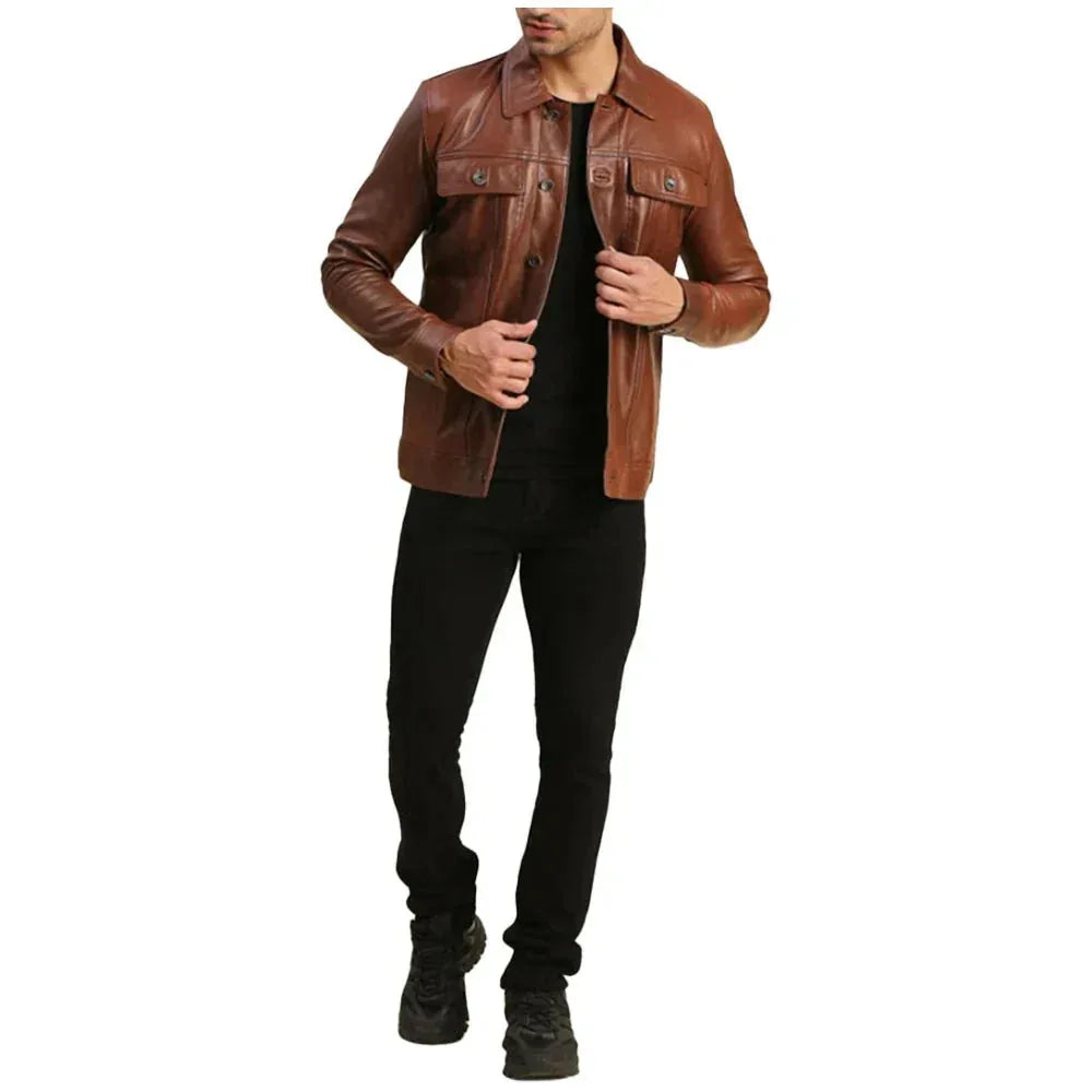 Mens Real Brown Leather Trucker - USA Retro Hide