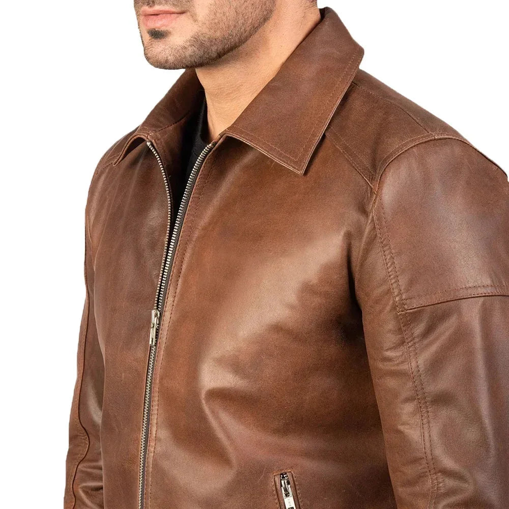 Reeves Men's Brown Shirt Collar Leather Biker Jacket - USA Retro Hide