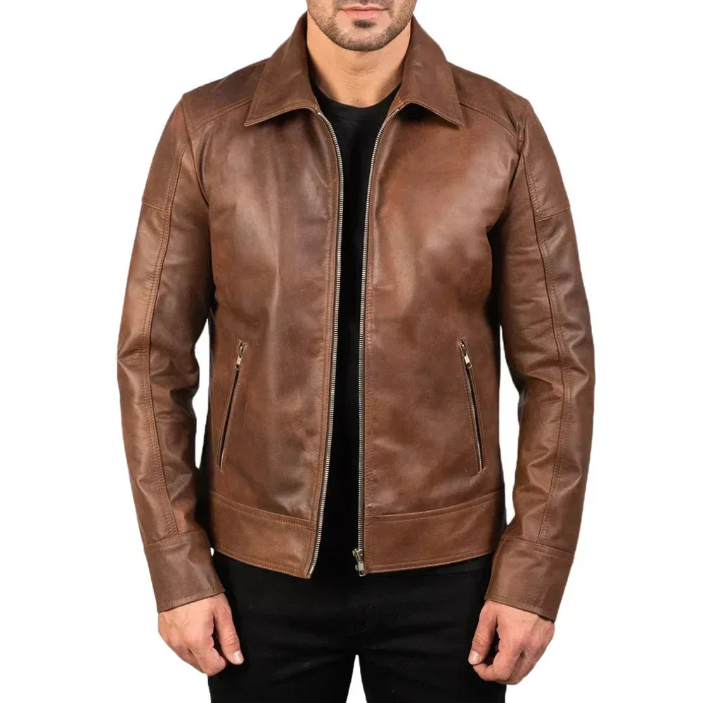 Reeves Men's Brown Shirt Collar Leather Biker Jacket - USA Retro Hide
