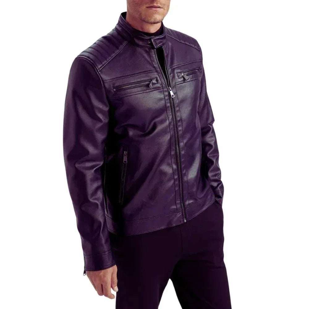 Men's Purple Quilted Biker Leather Jacket - USA Retro Hide