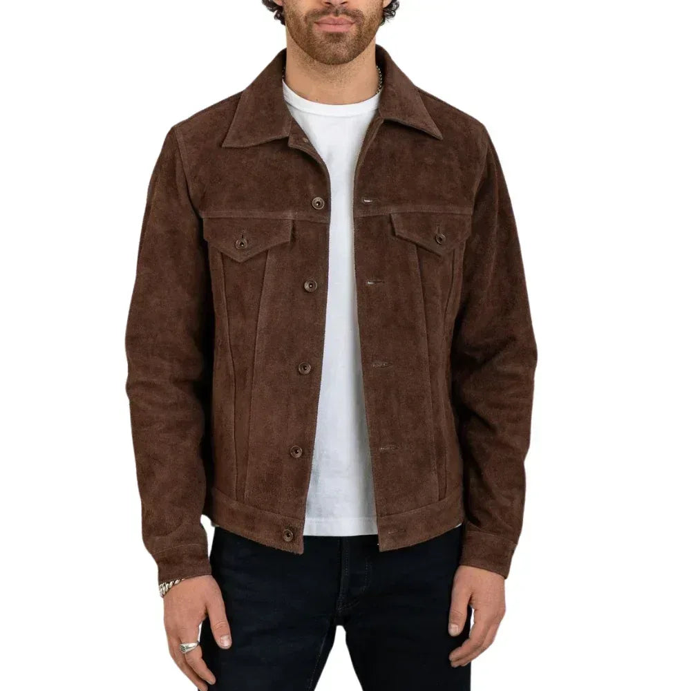 Men's Real Suede Dark Brown Trucker Style Jacket - USA Retro Hide