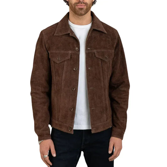 Men's Real Suede Dark Brown Trucker Style Jacket - USA Retro Hide