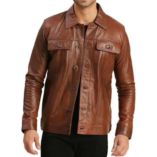 Mens Real Brown Leather Trucker - USA Retro Hide