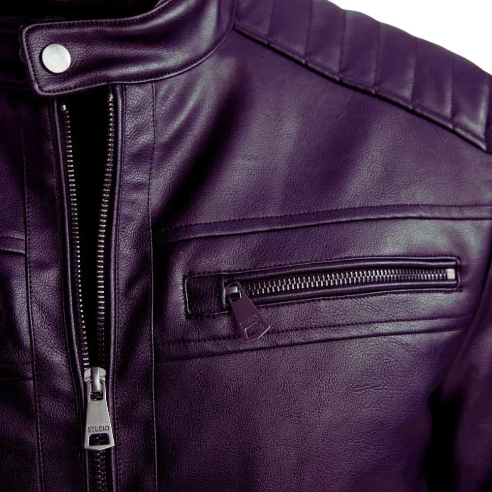 Men's Purple Quilted Biker Leather Jacket - USA Retro Hide
