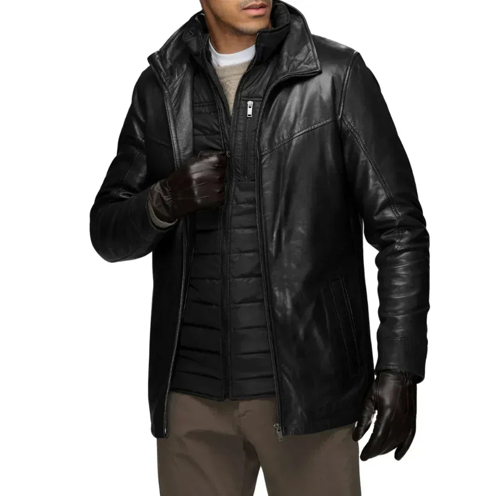 Men’s Genuine Lamb Leather Walking Coat with Detachable Quilted Vest - USA Retro Hide
