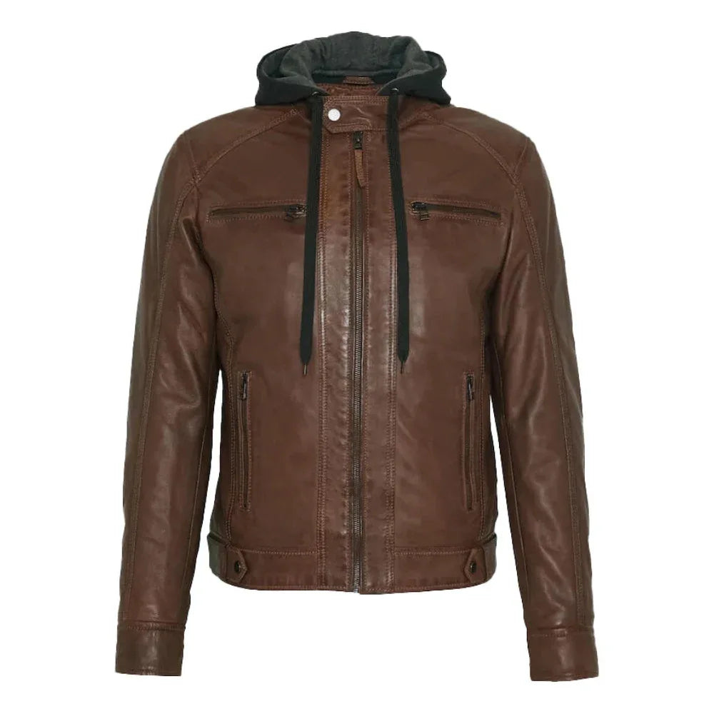 Men's Mocca Brown Leather Bomber Jacket with Removable Hood - USA Retro Hide