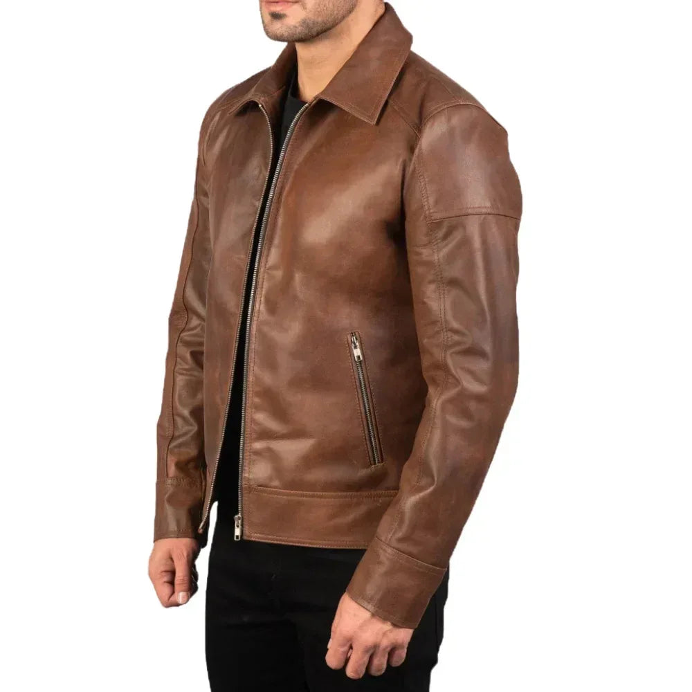 Reeves Men's Brown Shirt Collar Leather Biker Jacket - USA Retro Hide