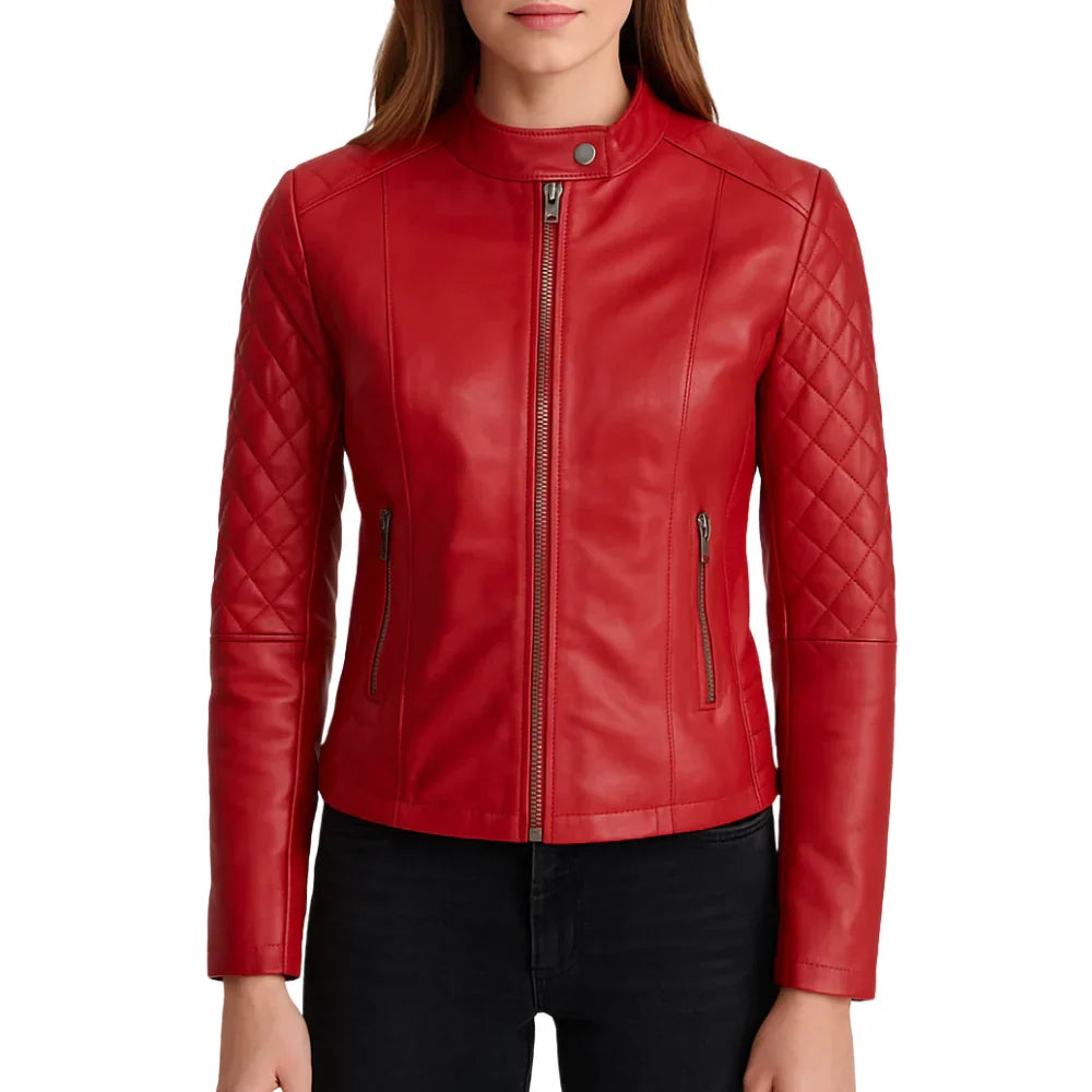 Women's Quilted Real Red Cafe Racer Jacket