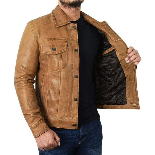 Men's Camel Brown Trucker Leather Jacket - USA Retro Hide