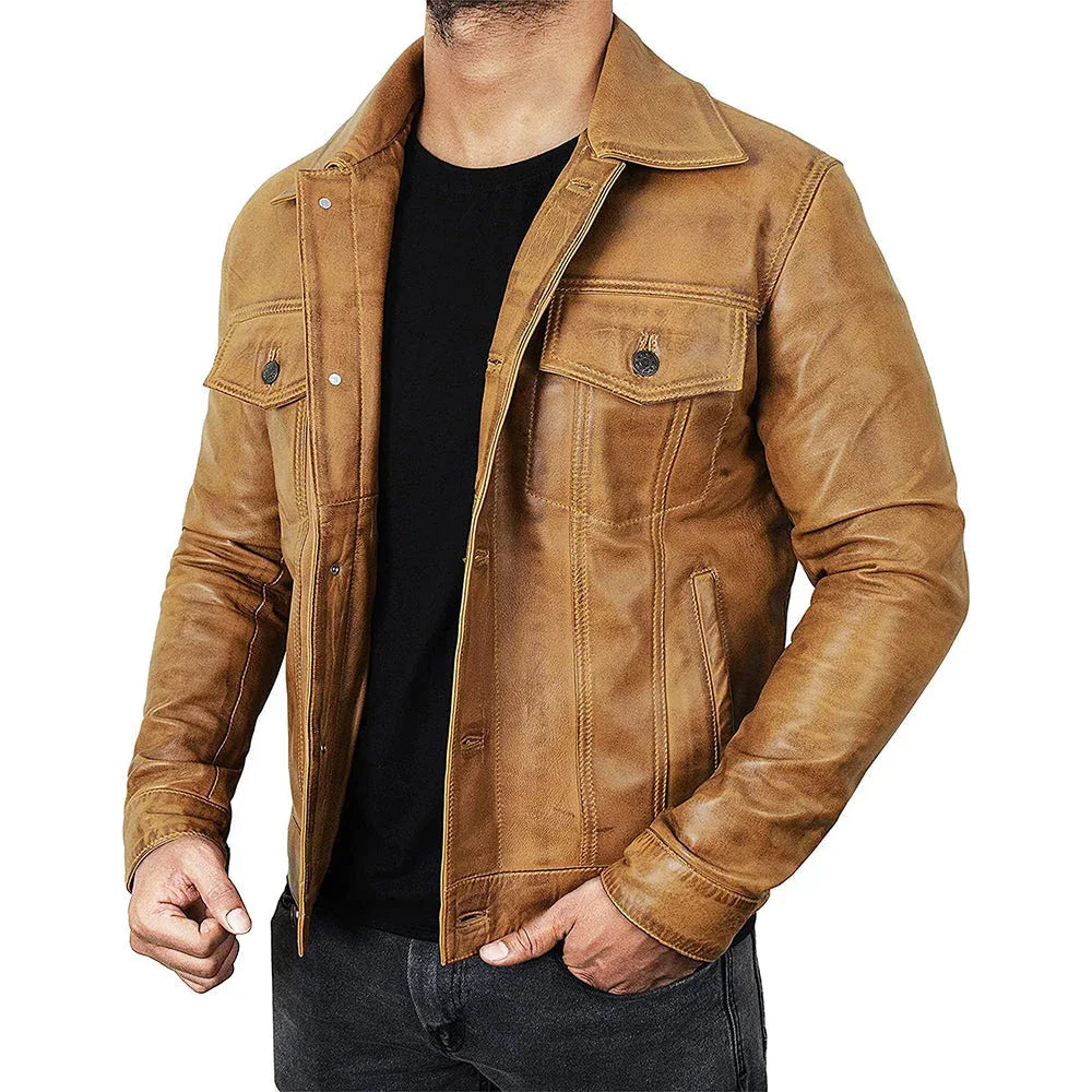 Men's Camel Brown Trucker Leather Jacket - USA Retro Hide
