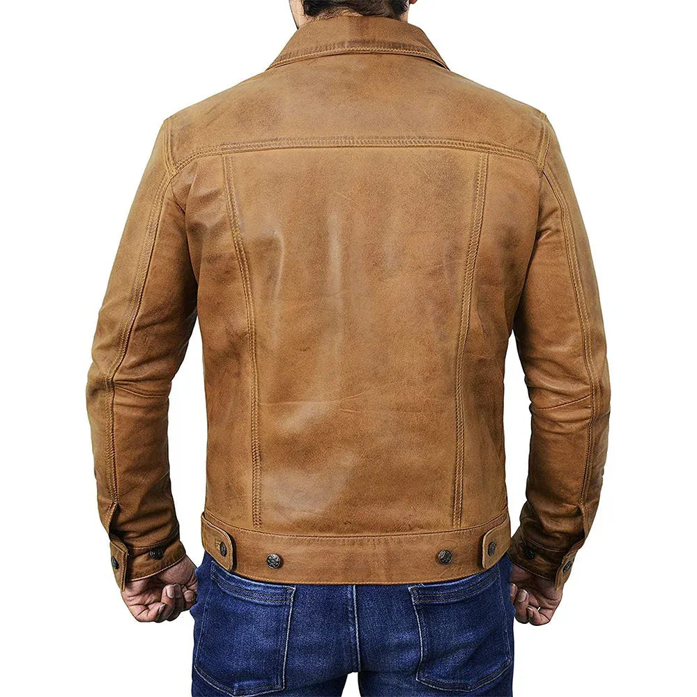 Men's Camel Brown Trucker Leather Jacket - USA Retro Hide