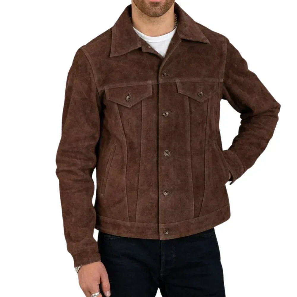 Men's Real Suede Dark Brown Trucker Style Jacket - USA Retro Hide