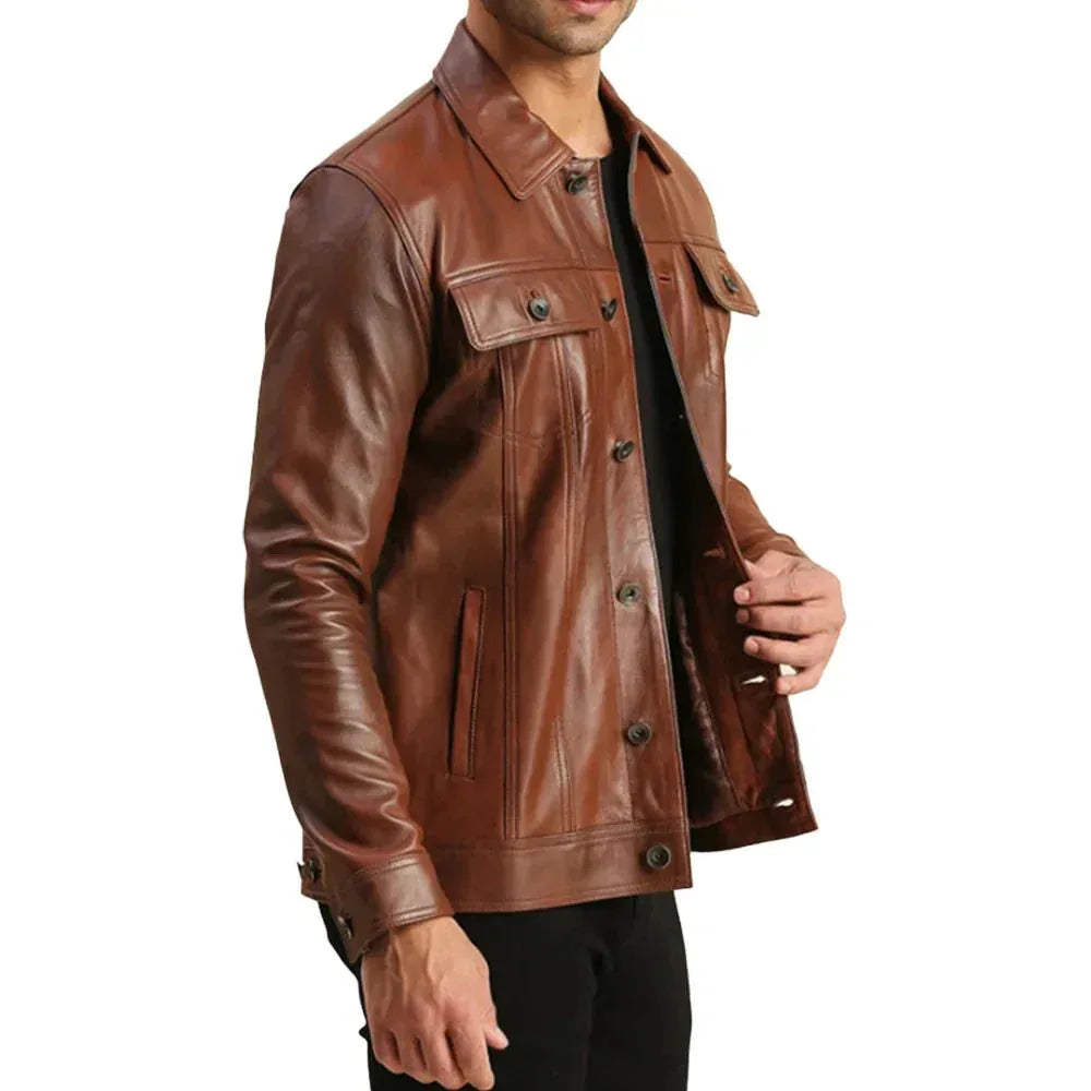 Mens Real Brown Leather Trucker - USA Retro Hide