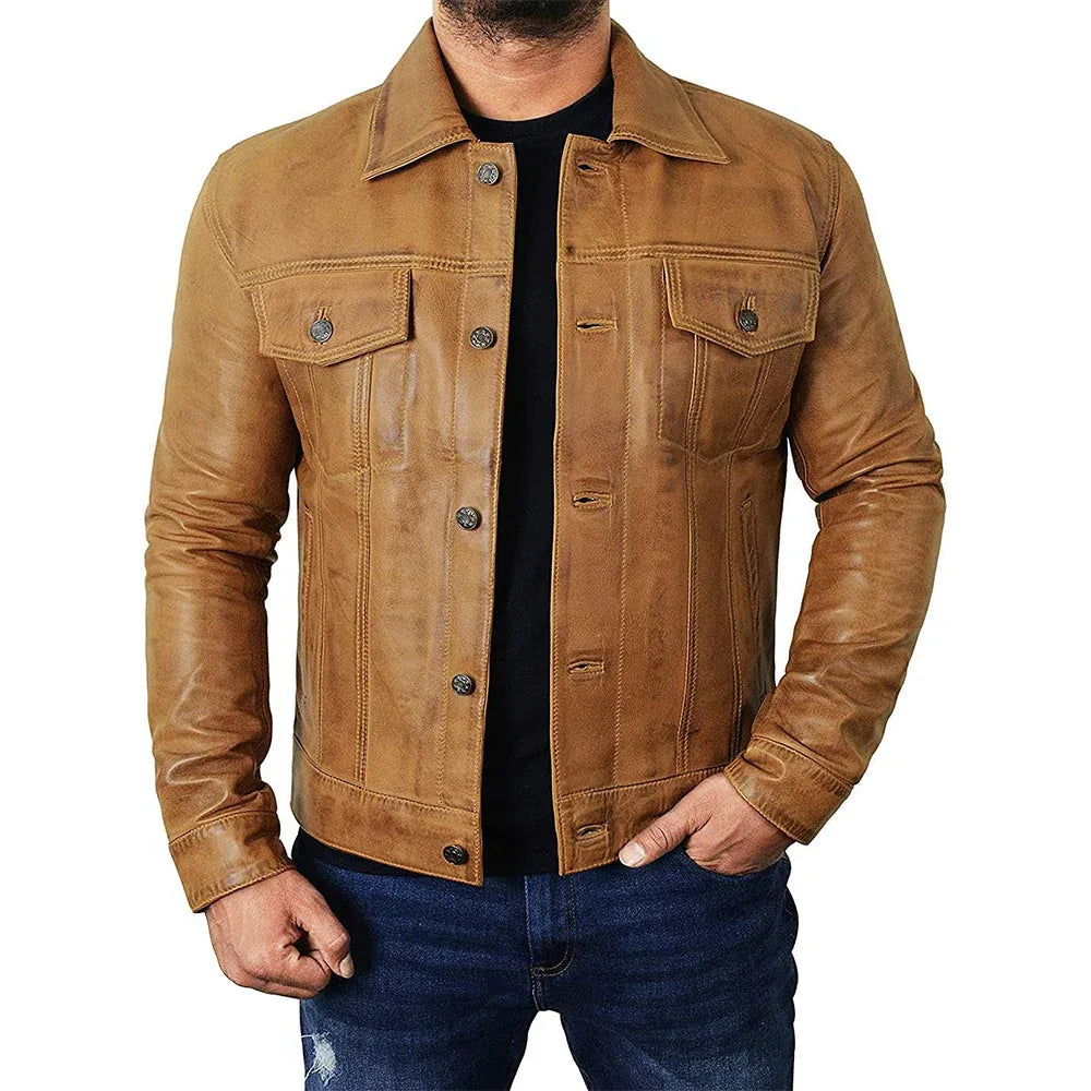 Men's Camel Brown Trucker Leather Jacket - USA Retro Hide