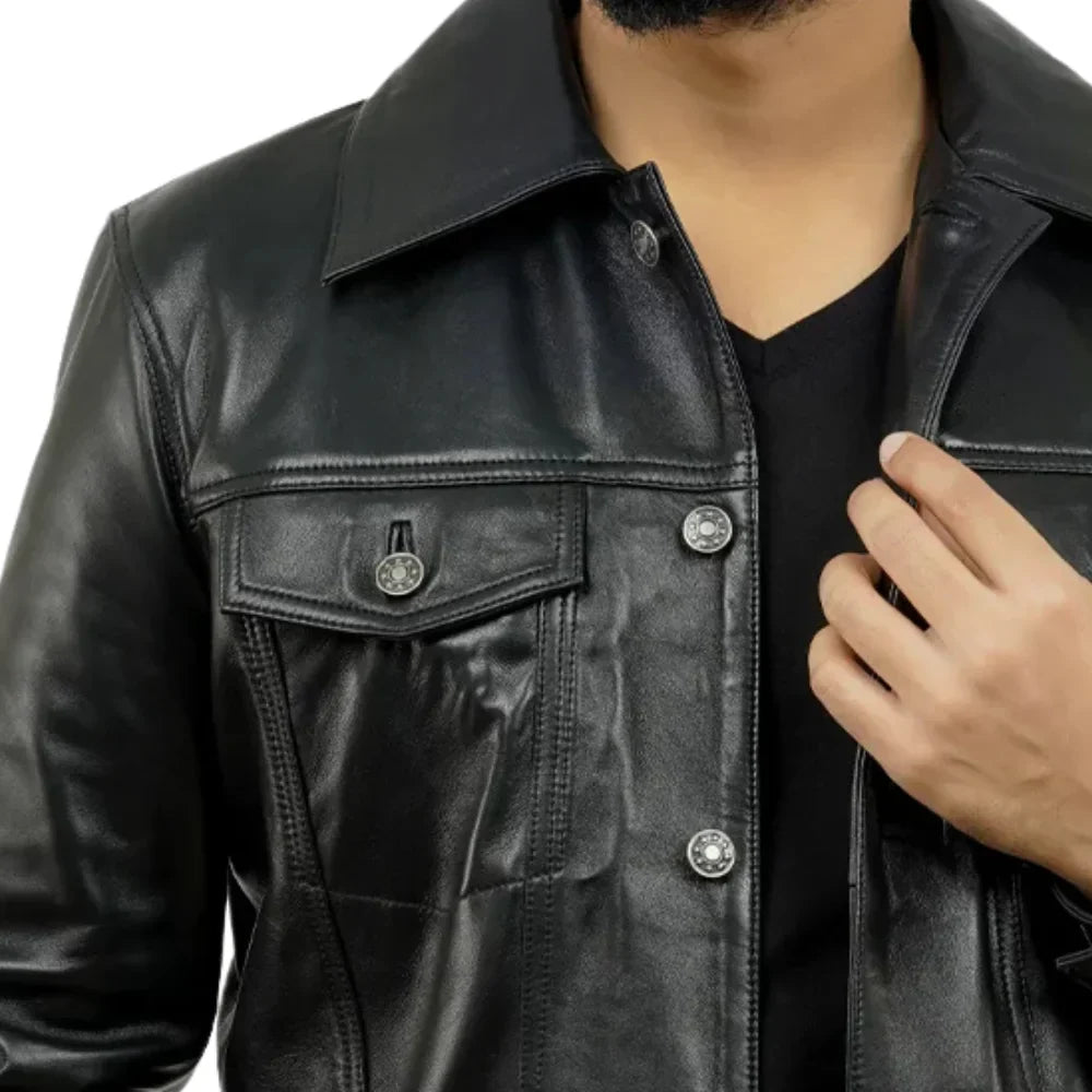 Mens Four Pockets Black Leather Trucker Jacket