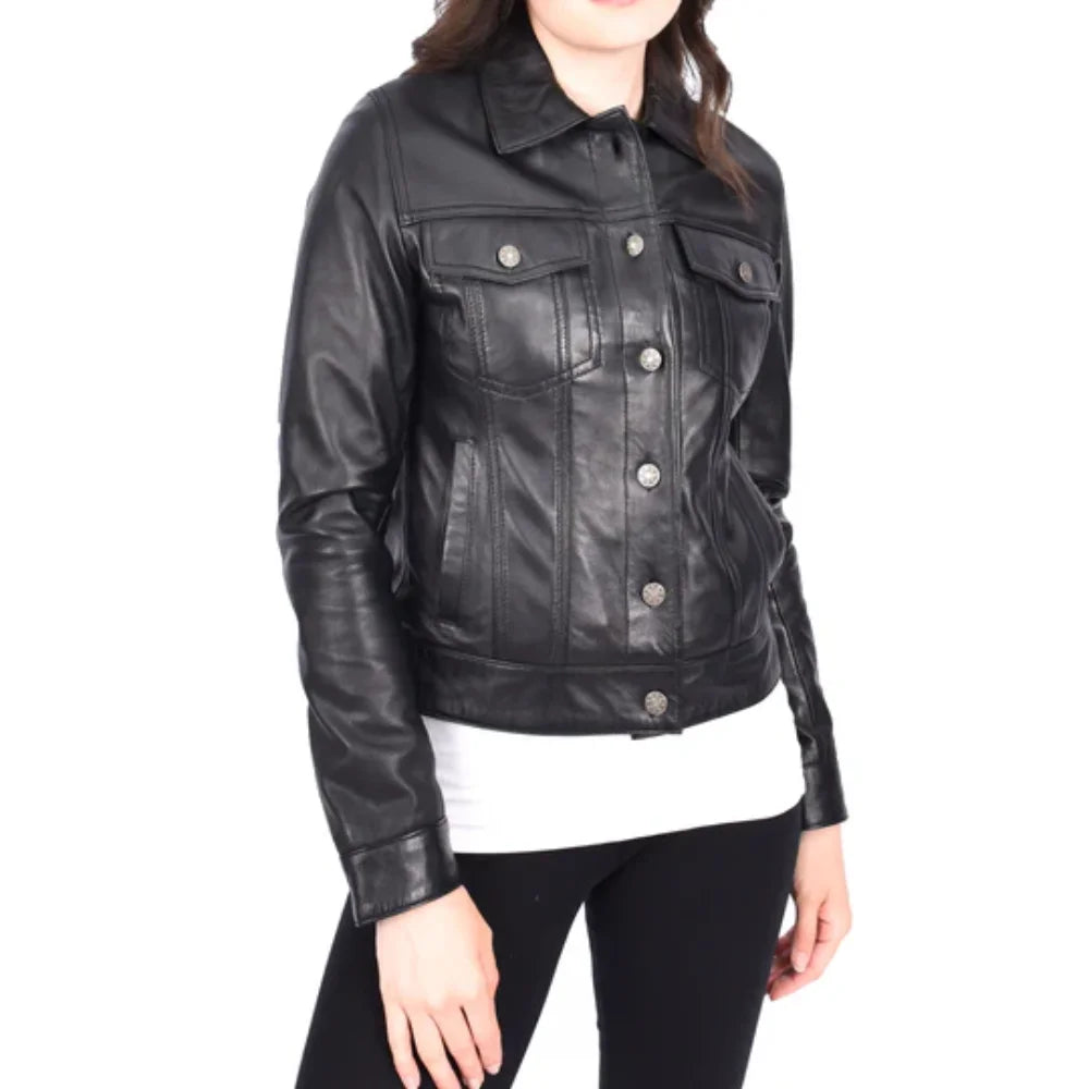 Women’s Classic Black Leather Trucker Jacket