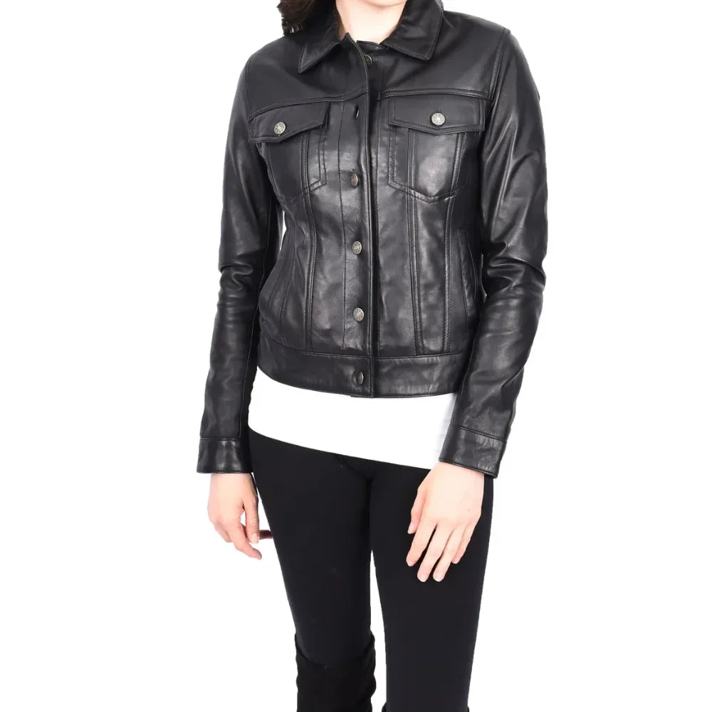 Women’s Classic Black Leather Trucker Jacket