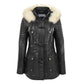 Women’s Sheepskin Black Leather Duffle Coat with Removable Sherpa Hood