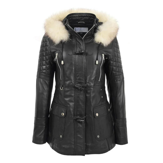 Women’s Sheepskin Black Leather Duffle Coat with Removable Sherpa Hood
