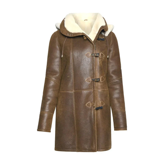 Women's Brown Sheepskin Duffle Coat With Hood