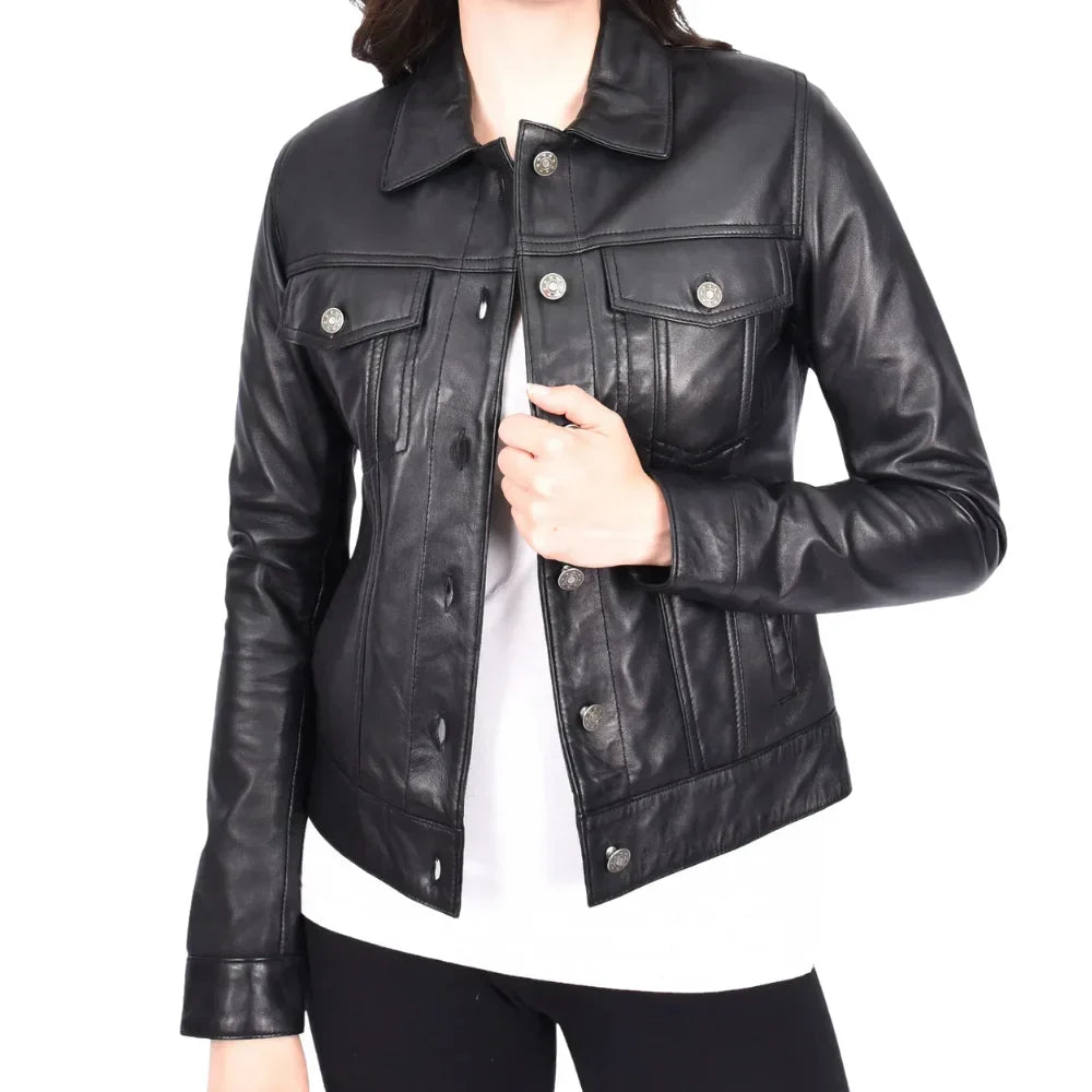 Women’s Classic Black Leather Trucker Jacket
