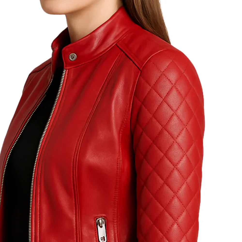 Women's Quilted Real Leather Cafe Racer Jacket
